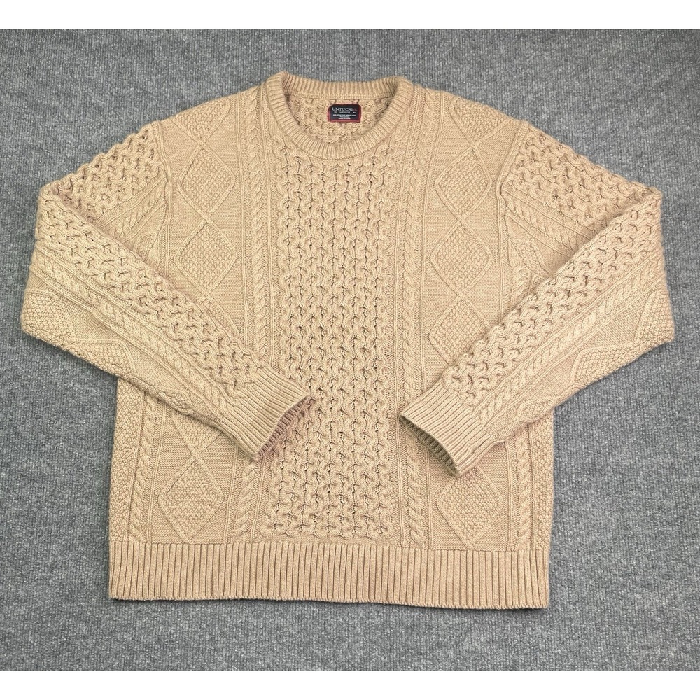 UNTUCKit Cable Knit Sweater Men's M Tan Merino Wool Cotton Fisherman Crewneck